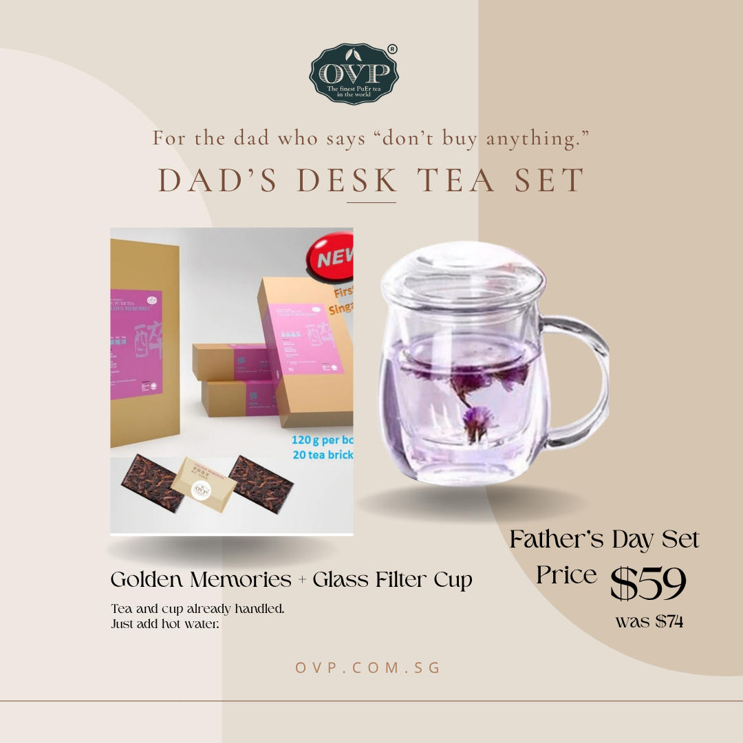 Dad’s Desk Tea Set with Golden Memories Shou Pu-erh Mini Tea Bricks and OVP glass filter cup