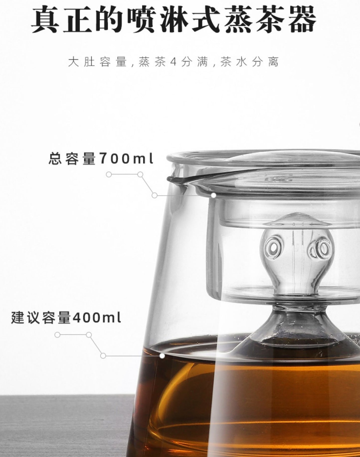 Borosilicate glass pot with dual filters for steam or steeping tea (700ml)