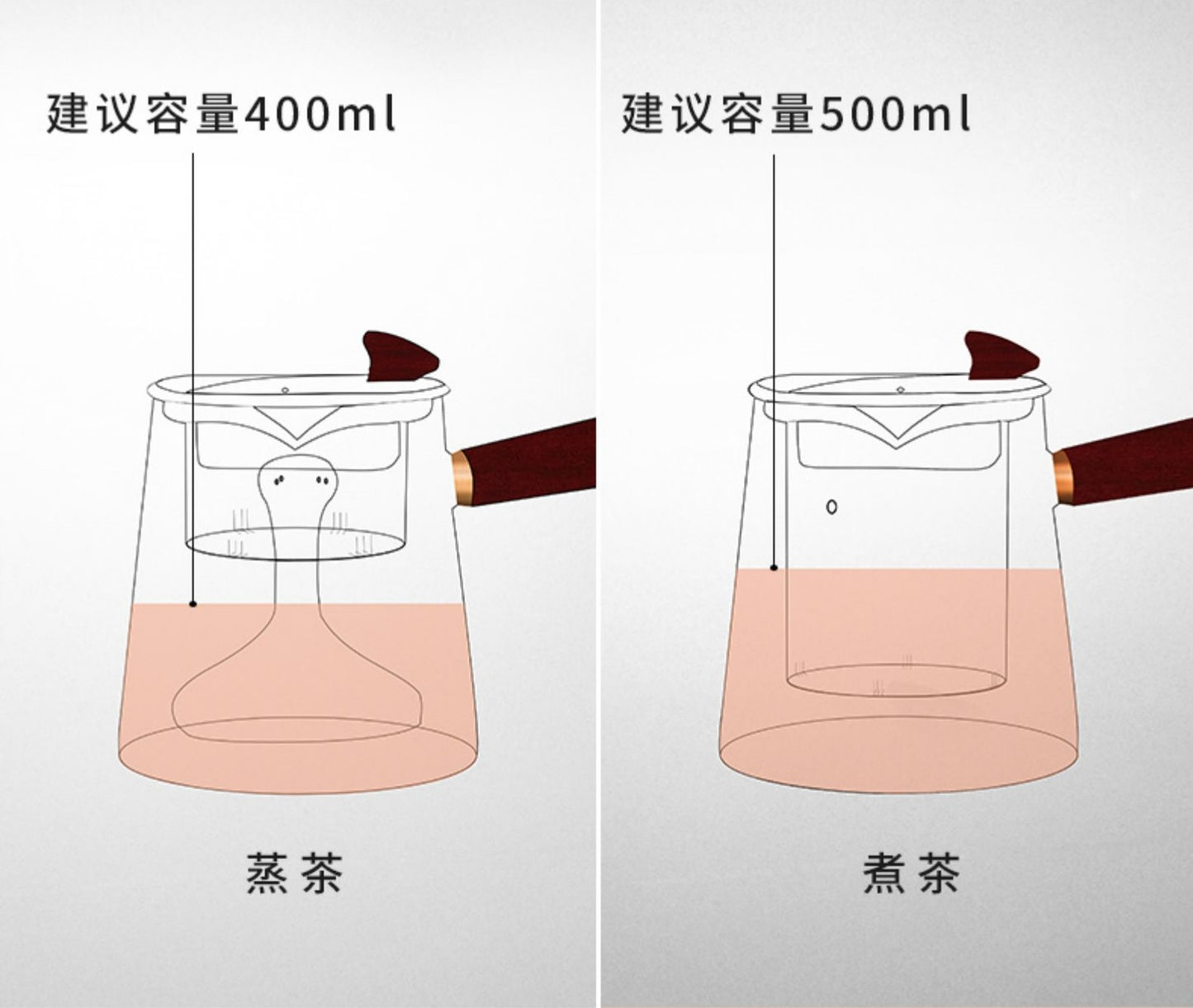 Borosilicate glass pot with dual filters for steam or steeping tea (700ml)