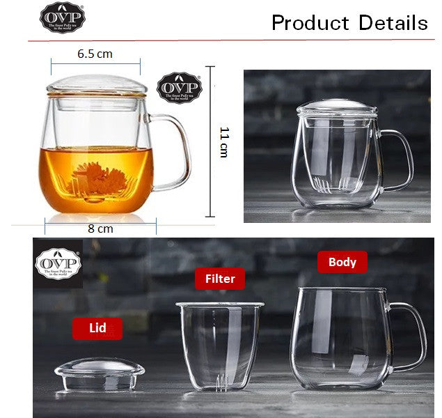 Old Village PuEr Tea Borosilicate Glass Cup with Filter and Lid - OVP Tea