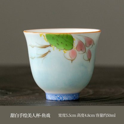 OVP white porcelain tasting cups, Flower Fairy shape hand-drawn 50ml 手绘白瓷花神杯