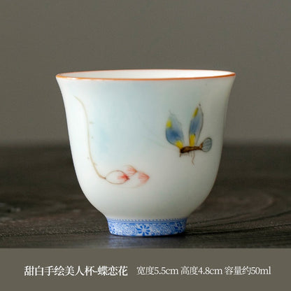 OVP white porcelain tasting cups, Flower Fairy shape hand-drawn 50ml 手绘白瓷花神杯
