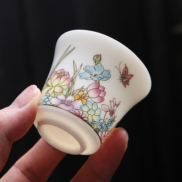 OVP white porcelain tasting cups Blooming Flowers 70ml 繁花似锦 描金 撇口品茗杯