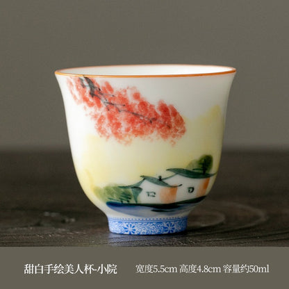 OVP white porcelain tasting cups, Flower Fairy shape hand-drawn 50ml 手绘白瓷花神杯