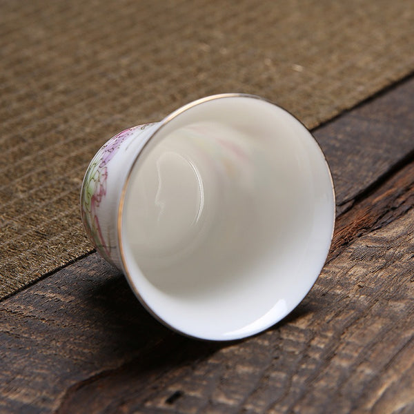 OVP white porcelain tasting cups Blooming Flowers 70ml 繁花似锦 描金 撇口品茗杯