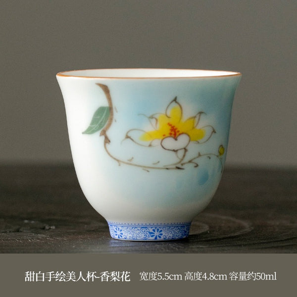 OVP white porcelain tasting cups, Flower Fairy shape hand-drawn 50ml 手绘白瓷花神杯