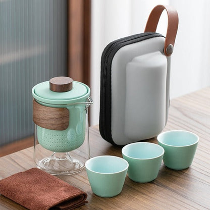 Travel Brewing Set - Portable Porcelain Tea Brewing Set with 3 cups and a carrier pouch