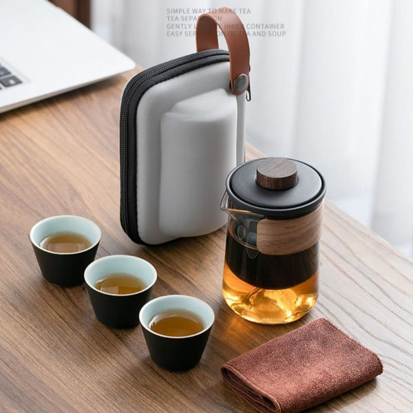 Travel Brewing Set - Portable Porcelain Tea Brewing Set with 3 cups and a carrier pouch